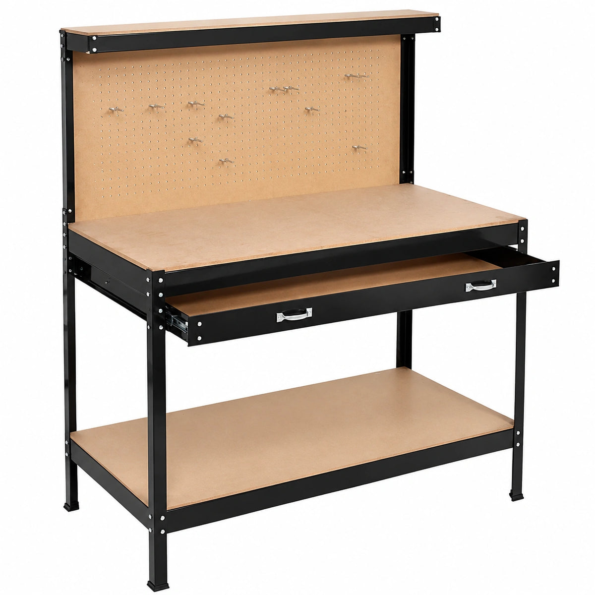 Tavolo da Lavoro Multiuso 120x60x156cm con Ganci e Cassetto, Ideale per Garage e Officina