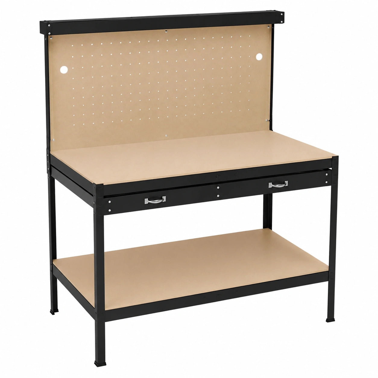 Tavolo da lavoro multifunzionale da 120 cm con LED, cassetti e scaffali per garage e officine, capacità 200 kg - Nero