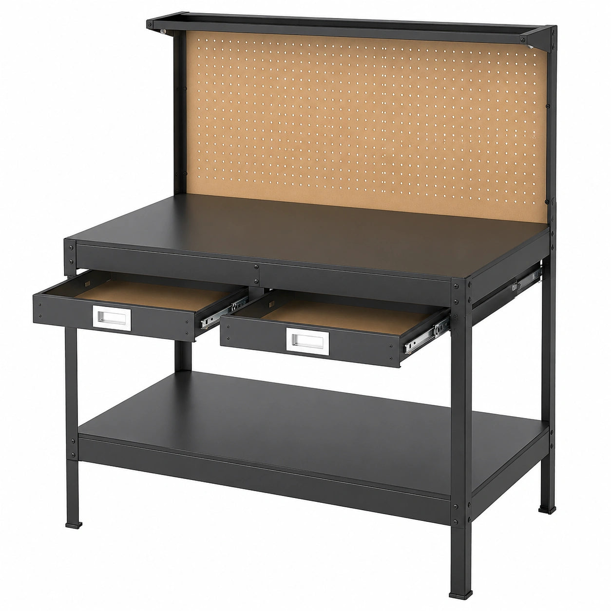 Tavolo da Lavoro in Legno con Cassetti e Pannello Forato, Capacità Fino a 110 kg, 4 Prese e 2 USB, Cavo 1,5 m, 30 Ganci, 150x61x120 cm