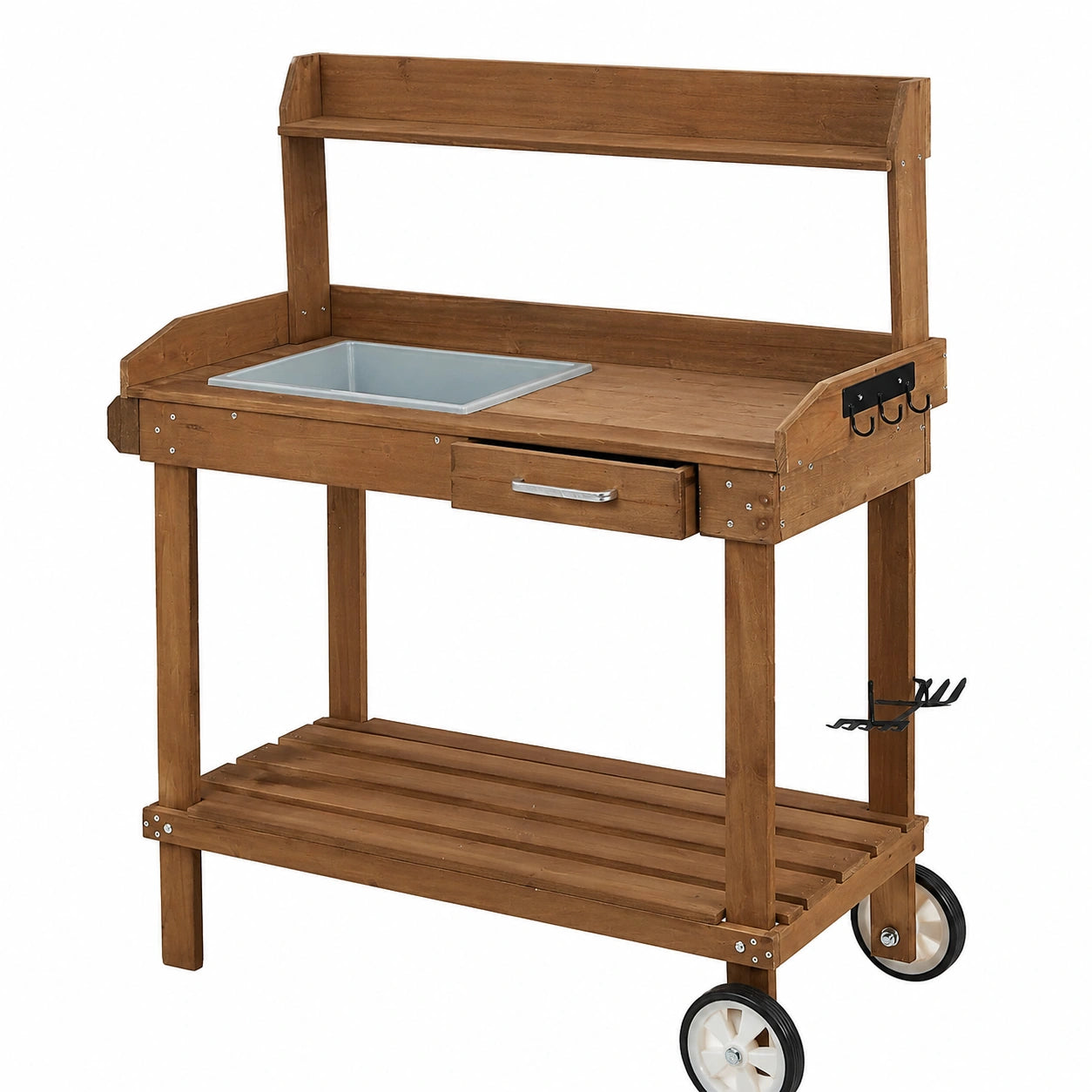 Tavolo da Giardinaggio con Ruote e Accessori in Legno e Plastica