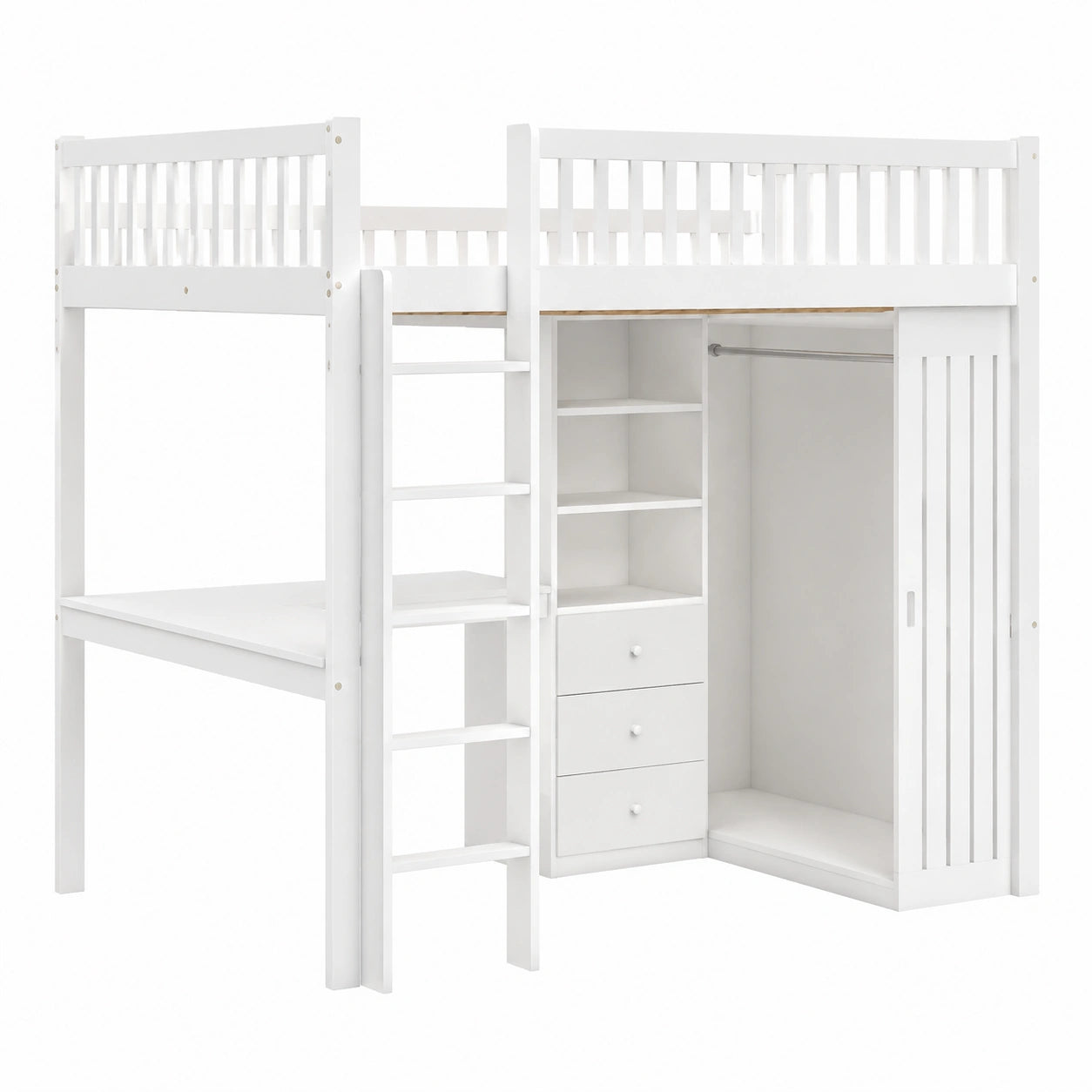 Letto a soppalco in legno con scrivania e armadio, 140x200cm, scala e parapetto, spazio di archiviazione, ideale per ragazzi