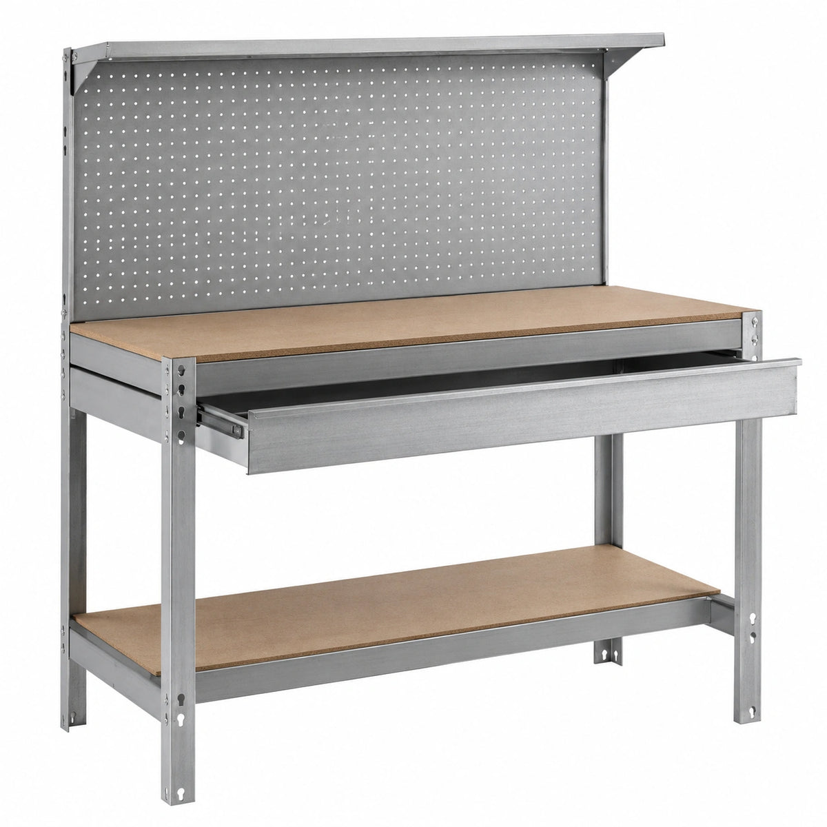 Banco da lavoro Simon Rack per officina 600 kg, 1445x1210x610 mm, con pannello forato e ripiano cassetti