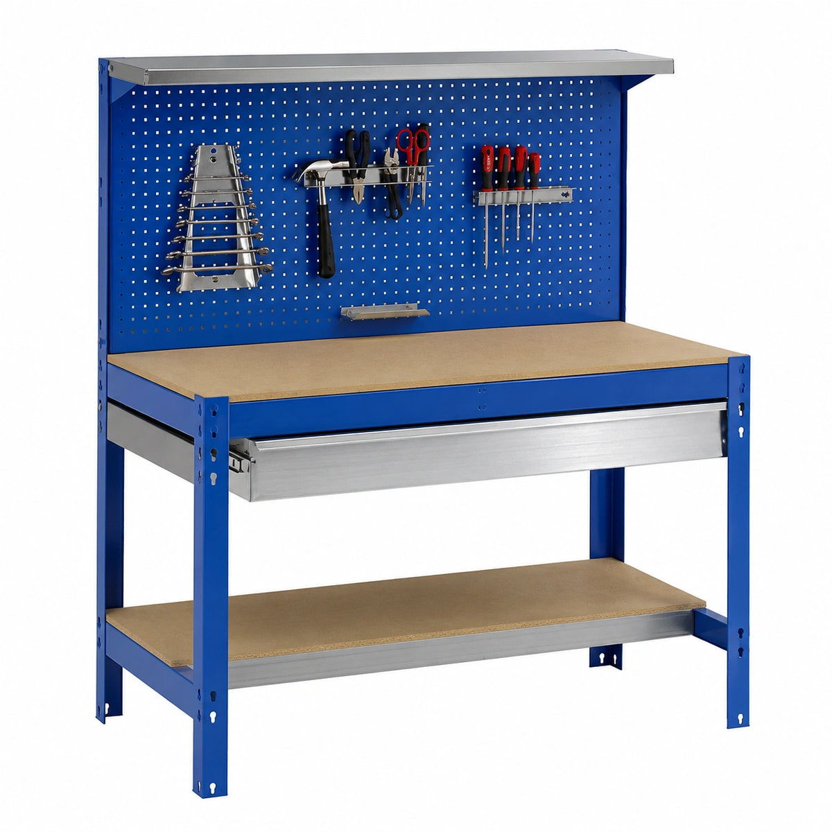 Banco da Lavoro per Officina, Capacità 400 kg, con Pannello Forato e Ripiani, Blu/Legno