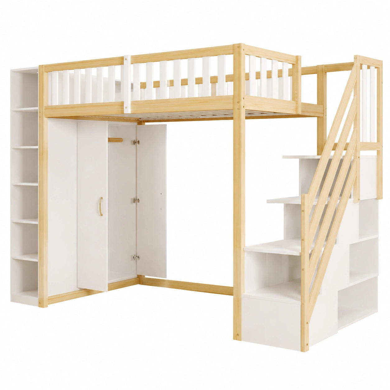 Letto a Soppalco in Legno di Pino con Scrivania e Armadio 90x200 cm per Bambini e Ragazzi