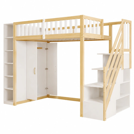 Letto a Soppalco in Legno di Pino con Scrivania e Armadio 90x200 cm per Bambini e Ragazzi
