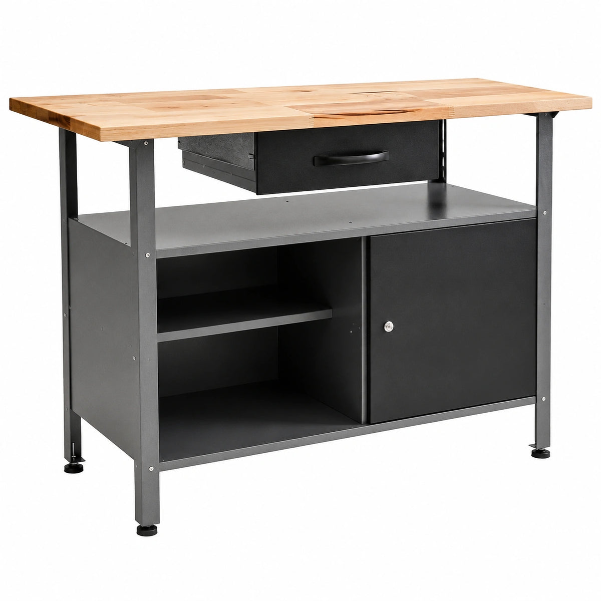 Tavolo da Lavoro in Metallo Klaus 120 cm con Porta Bloccabile e Gambe Regolabili, Piano in Faggio Nero