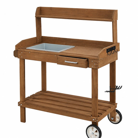 Tavolo da Giardinaggio con Ruote e Accessori in Legno e Plastica