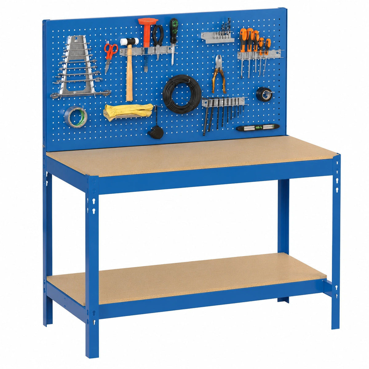 Banco da Lavoro Simon Rack 400 kg con Pannello Forato, Dimensioni 1445x910x610 mm - Blu/Legno