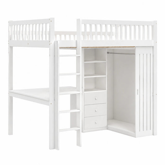 Letto a soppalco in legno con scrivania e armadio, 140x200cm, scala e parapetto, spazio di archiviazione, ideale per ragazzi