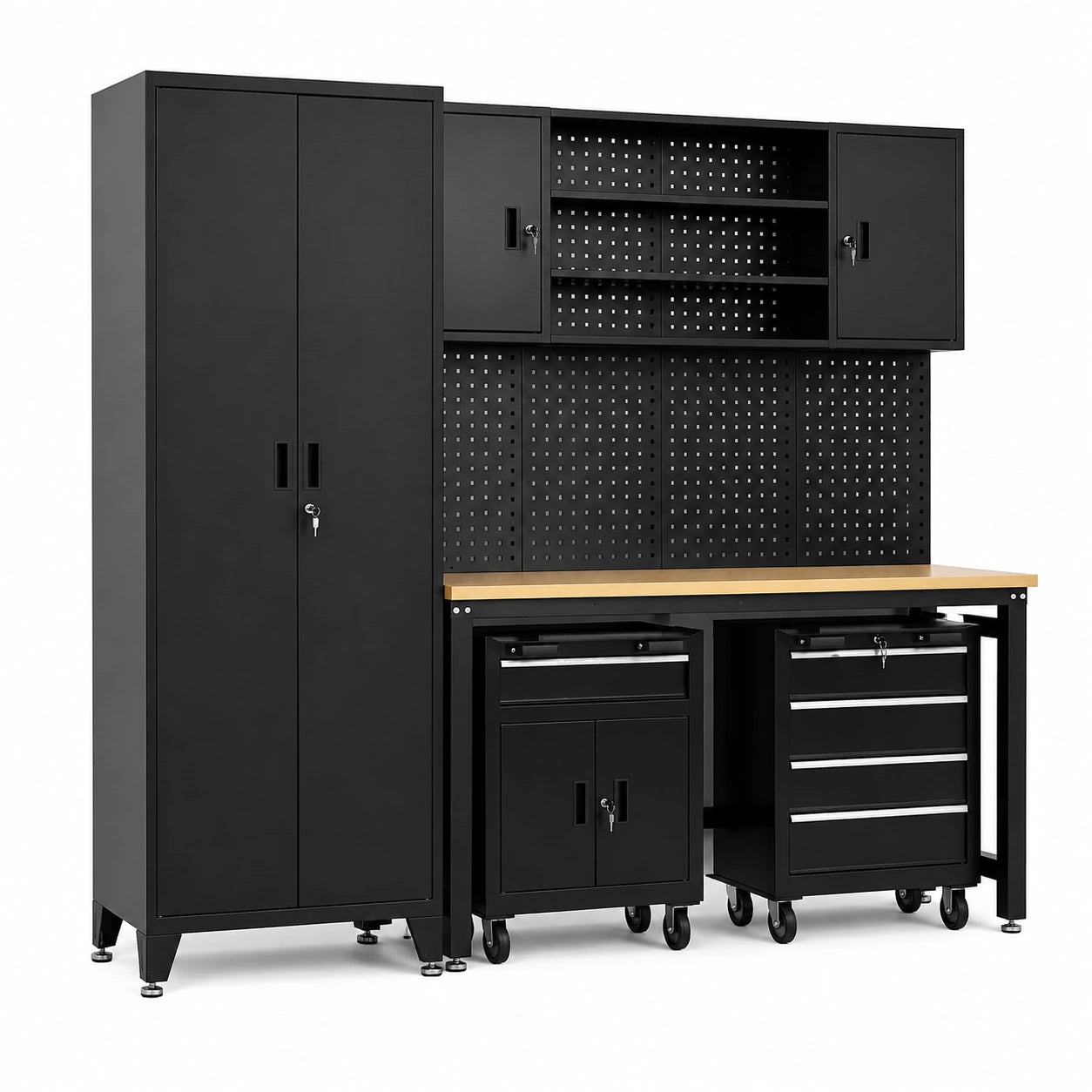 Set Officina XL con Banco da Lavoro e Armadietti Porta Attrezzi, Parete Forata e Carrelli, Piano in Legno 25 mm, Portata 200 kg